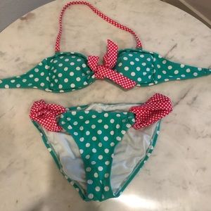 Teal polka dot bikini with pink accents